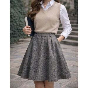 Vtg Moon A-Line Skirt Women Med Gray Tweed Wool Blend Preppy Retro Dark Academia